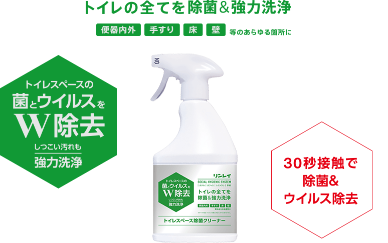 トイレの全てを除菌&強力洗浄 便器内外・手すり・床・壁等のあらゆる箇所に トイレスペースの菌とウイルスをW除去 しつこい汚れも強力洗浄 30秒接触で除菌&ウイルス除去